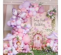 Kit de arco de globos de hada para primer cumpleaños, 135 globos rosa pastel morado con mariposa morada y globo de aluminio de hongo para decoración de fiesta de cumpleaños de hadas de primavera (rosa