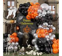 Kit de arco de globos de Halloween, 105 piezas, globos de color negro, naranja y plateado con 12 calcomanías de pared de murciélago 3D y telaraña, guirnalda de globos plateados metálicos naranjas y