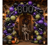 Kit de arco de globos de Halloween de 178 piezas - Doble relleno morado oscuro y verde oliva polvoriento con globos largos negros, telaraña, murciélagos 3D, para decoraciones de fiesta espeluznantes