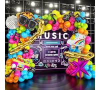 Kit de arco de globos de neón, decoración de fiesta temática de discoteca, 157 globos con bola de discoteca retro, gafas de radio, patín, cadena de notas musicales, globos de aluminio para suministros