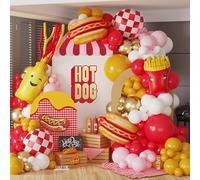 Kit de arco de globos de perro caliente, 168 piezas de decoración de fiesta Baby Q con globos de aluminio para perros calientes, globos rojos, mostaza, amarillo, rosa, para barbacoa, picnic, un