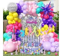 Kit de arco de globos musicales K-Pop, 119 guirnaldas de globos de color rosa intenso pastel, morado real, verde azulado, amarillo con notas de guitarra de discoteca, globos de aluminio de estrella