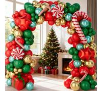 Kit de Arco de Globos Navidad, 150 Piezas Decoracion Guirnalda Globos con Color Rojo, Verde, Dorado, Globos de Estrella Aluminio Bastón, Arco de Globos para Navidad Año Nuevo Carnaval