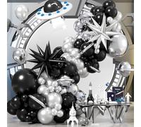 Kit de arco de globos negro y plateado, globos metálicos de perlas negras y plateadas con globos de estrella de aluminio negro y plateado para niños, decoraciones de fiesta de cumpleaños, baby shower