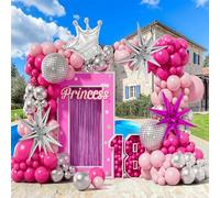 Kit de arco de globos rosa plateado con bola de discoteca rosa y plateada, globos de corona de estrella para fiesta temática de princesa Barbie, cumpleaños, niña, baby shower, aniversario, decoración