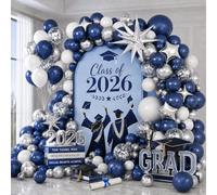 Kit de arco de guirnalda de globos azul y plateado, kit de arco de globos azul marino y blanco, globos de confeti plateado metálico azul real, globos de papel de aluminio para graduación, cumpleaños,