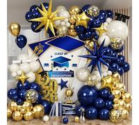 Kit de arco de guirnalda de globos de graduación, globos azul marino y dorado, globos de aluminio de estrella de explosión, globos de aluminio azul real, dorado metálico, blanco, globo de látex para