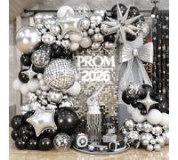 Kit de arco de guirnalda de globos de graduación, globos negros y plateados, estrella de explosión, globos de aluminio 4D, globos de látex negro blanco metálico plateado para decoración de fiesta de