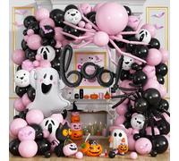 Kit de arco de guirnalda de globos de Halloween rosa, 127 piezas de decoraciones de baby shower de Halloween rosa pastel negro con murciélago 3D pequeño fantasma boo globo de aluminio lindo globo con