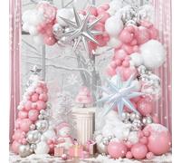Kit de arco de guirnalda de globos rosa de invierno del país de las maravillas, 121 globos plateados metálicos rosa y blanco, globo de aluminio iridiscente plateado para Navidad, princesa, niña
