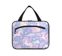 Kit de aseo de viaje con diseño de unicornios arcoíris púrpura con gancho, bolsa de accesorios de diseñador para maquillaje esencial para mujeres, bolso de viaje para maquillaje, Unicornios arcoíris