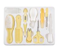 Kit de aseo para bebés de 10 piezas, kit de uñas para bebés, herramientas de cuidado diario para recién nacidos con cortaúñas, aspirador nasal, peine y termómetro, amarillo