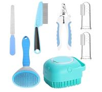 Kit de aseo para perros, cepillo de baño para perros con cortaúñas y lima, 2 cepillos de dientes para dedos, peine para pulgas para mascotas para pelo corto y largo
