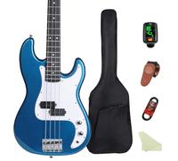 Kit de bajo eléctrico de 4 cuerdas, tamaño completo, estilo PB, color negro, para principiantes, con bolsa de concierto, correa de guitarra y cable de guitarra, MS-FD (azul)