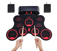 Kit de batería electrónica, portátil, plegable, plegable, con auriculares y altavoces integrados, pedales de 2 pies, batería USB, carga de batería, ideal para niños y principiantes