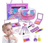 Kit de belleza para niñas: juego de maquillaje de fantasía 19x con espejo y pinceles | Cosméticos de juguete lavables en estuche de transporte, regalo de juego de rol educativo que promueve la expresi