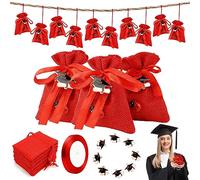 Kit de Bolsita Tela para Regalo, 30PCS Bolsita de Tela Roja+30pcs Colgante Sombrero de Graduación + 50pcs Mariquitas + Cinta Roja Bolsa Regalo para Fiesta de Graduación, Joyas/Regalo de Fiesta