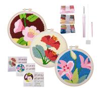 Kit de bordado de aguja de punzón, kit de agujas de perforación: para adultos con estampado floral, instrucciones incluidas, 3 juegos de costura hechos a mano para niños y adultos