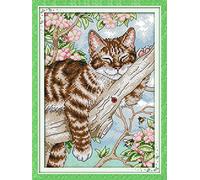 Kit de bordado de punto de cruz estampado hágalo usted mismo, línea completa de kits de inicio preimpresos para principiantes: Un gato perezoso en un árbol 27 x 39 cm