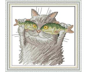 Kit de bordado de punto de cruz estampado hágalo usted mismo, línea completa de kits de inicio preimpresos para principiantes - Me encanta el pescado 26 x 25 cm