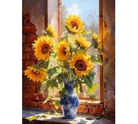 Kit de Bordado Punto de Cruz, Girasol en el alféizar de la ventana,T,30*40cm 11CT Punto de Cruz Kit Completo Contado Patrones con Impresa Hilos y Tela para Principiantes Hacer, Set Bordado a Mano