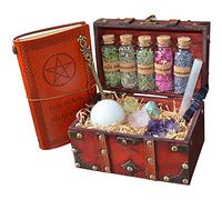 Kit de brujería - una caja vintage incluye juego de hierbas y varita de latón y juego de cristal con libro de sombras (suministros de altar Wicca)