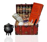 Kit de brujía: juego de poción y varita de latón con cristal brujería y olla de hierro fundido(con un pentagrama en relieve)con libro de sombras(150 páginas en blanco de hechizos)todo en caja vintage