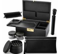 Kit de caja de madera con molinillo, bolsa a prueba de olores, bandeja rodante de madera, tubo, dos recipientes de vidrio y soporte rodante, juego completo de accesorios para fumar