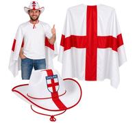 Kit de capa y sombrero de vaquero con bandera de Inglaterra para adultos, 2 piezas, unisex, rojo y blanco, disfraz de San Jorge Cross para fanáticos del fútbol, rugby, cricket