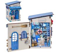 Kit de casa de muñecas en miniatura para rincón de libros, tema de tienda de isla griega, rompecabezas 3D de madera con luces LED, manualidades para adultos