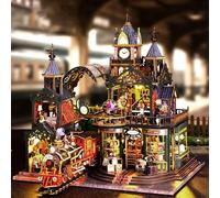 Kit de casa en miniatura para adultos, mini kit de construcción de casa con tren de vapor, kit en miniatura para adultos, kit de casa de muñecas de madera para cumpleaños, Navidad, ferrocarril, tren