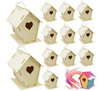 Kit de casa para pájaros de 12 Piezas, Casas para pájaros de Madera sin Pintar, corazón y Valla, casa para con Gancho para Colgar, 4x4, 3x5, 5, Casas pequeñas para Adultos y niños para construi