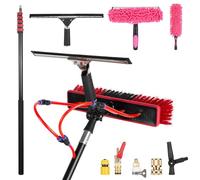 Kit de cepillo de limpieza de panel solar de largo alcance, poste telescópico de agua de 12 a 35 pies, escobilla de goma y 2 cepillos de polvo y dispensador de jabón para ventanas al aire libre techo