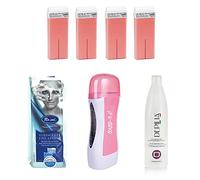 Kit de cera caliente para depilación de cera, 6 recambios de rodillo de cera profesional Depilia liposoluble, tiras de depilación para hombre y mujer, aceite para después de cera depilatoria (Titanio)