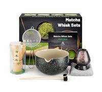 Kit de Ceremonia Japonesa del Matcha de 7 piezas, Batidora de Matcha de Bambú, Cuenco de Matcha, Cuchara, Colador, Portacucharas, Soporte para la Batidora, Juego Completo de Matcha, Negro jaspeado