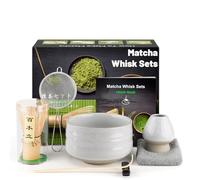 Kit de Ceremonia Japonesa Matcha 7 Piezas - Batidor de Bambú Natural, Cuenco, Cuchara, Colador, Paño de Cocina, Soporte para Batidor, Juego Completo en Blanco