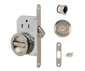 Kit de cerradura Yale para puerta corredera - Cerradura de cierre y manijas de taza redondas empotrables - Ø interior de las manijas 48 mm - Acero con acabado niquelado cepillado, Incluye tirador