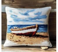 Kit de cojín de punto de cruz estampado Barcos en la playa funda de cojín de punto de cruz de 11CT, que es más fácil de bordar, funda de cojín hecha a mano para decoración del hogar, 45x45 cm