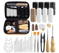 Kit de costura de cuero, 38 piezas, kit de trabajo de cuero, kit de reparación de tapicería de costura de cuero con agujas de costura de ojos grandes, 8 hilos de tapicería, kit de costura de cuero