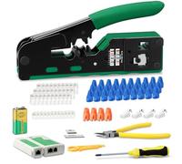 Kit de Crimpadora RJ45, Herramienta de Crimpado con Comprobador de Cables, 4 x CAT.6a/7 RJ45 conector, 30 x CAT.5/5e/6 RJ45 conector, 10 x 6P6C RJ11/12 conector