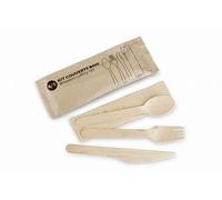Kit de cubiertos de madera 4 en 1 desechables | Lote de 100 bolsas Kraft individuales | Tenedor, cuchillo, cuchara, toalla | Madera de abedul | Sin sabor ni olor | 100% Eco Responsable