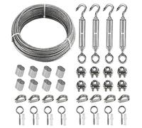 Kit de cuerda de acero inoxidable de 20 m, 3 mm, con tensor de cuerda de acero inoxidable M5, gancho y ojal, abrazadera de cable de alambre, abrazaderas de presión de aluminio y cuerda de alambre