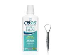 Kit de cuidado bucal: contiene un enjuague bucal CloSIS Sensitive de 950 ml con raspador de lenguas LUXPAKS - Menta dulce, sin alcohol, pH equilibrado para un aliento fresco