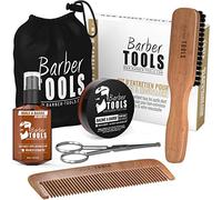 Kit de Cuidado para Barba y Bigote Barber Tools - Cepillo 100% Cerdas de Jabalí y Madera de Peral, Peine de Madera, Tijeras con Puntas Redondeadas, Bolsa de Almacenamiento - Set de Cuidado