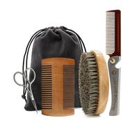 Kit de cuidado para barba y bigote - Cepillo de barba de pelo natural, peines de madera, tijeras de precisión y bolsa de almacenamiento - Set de cuidado para hombre