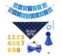 Kit de Cumpleaños para Perros y Gatos - Sombrero, Pajarera, Bandera de Tiro, Bufanda, Pegatinas Numeradas - Lindo Kit de Fiesta Reutilizable para Mascotas Pequeñas y Medianas (Azul)