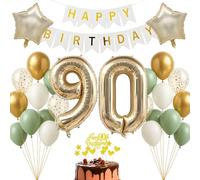 Kit de decoración de cumpleaños 90 años - Oro champán blanco salvia - Bandera Happy Birthday para adultos mujeres hombres - Decoración para el 90 cumpleaños - Gran fondo para fotos - Decoración de