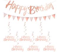 Kit de decoración de feliz cumpleaños con pancarta de feliz cumpleaños de oro rosa y banderines de bandera triangular, remolinos colgantes, serpentinas para hombres, mujeres, niñas, niños, decoración