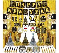 Kit de decoración de fiesta de Año Nuevo 2026: cortina de lámina dorada, pancarta, accesorios para fotomatón, papel, globos de látex, lentes de feliz año nuevo, sombreros de fiesta y sopladores