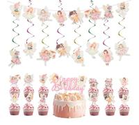 Kit de decoración de fiesta de cumpleaños de hada, incluye una pancarta de hada de mariposa, 8 remolinos colgantes, 1 decoración grande de feliz cumpleaños, 24 adornos pequeños para cupcakes, tema de